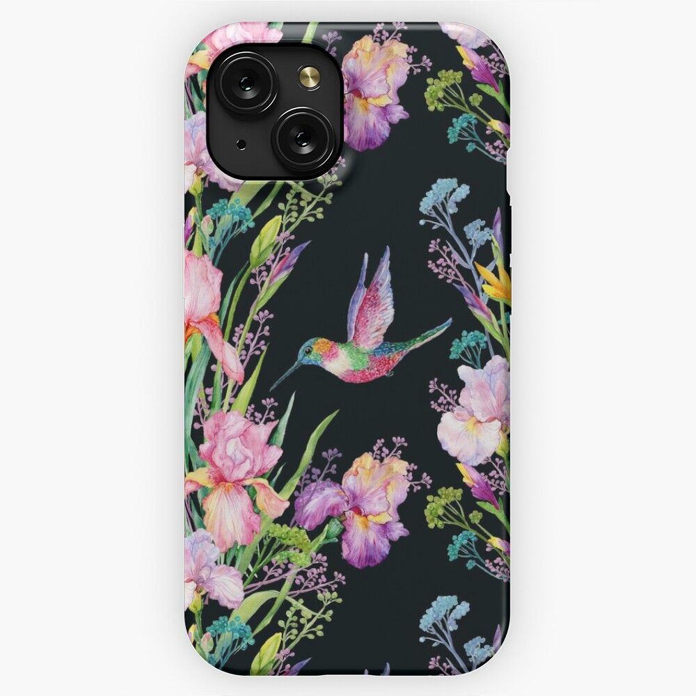 Iris Flowers And Hummingbirds Watercolor Seamless Pattern iPhone 15 Slim Phone Case Cover