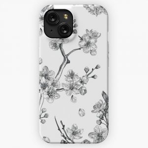 Japanese Cherry Blossoms On Branch Black And White iPhone 15 Slim Phone Case Cover
