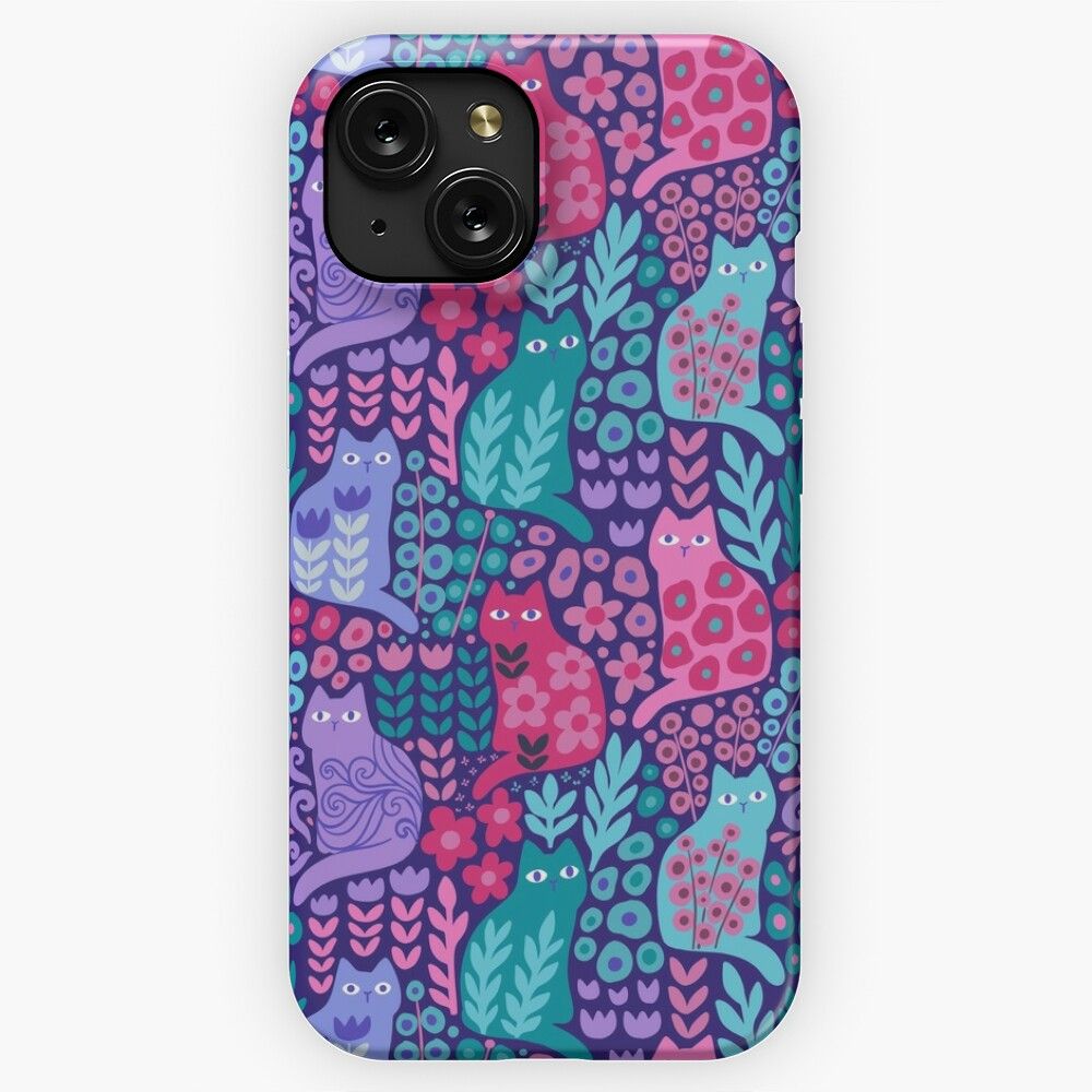 Jewel Tone Kitty Cats And Beautiful Plants Flowers Summer Pet Illustration iPhone 15 Slim Phone Case Cover