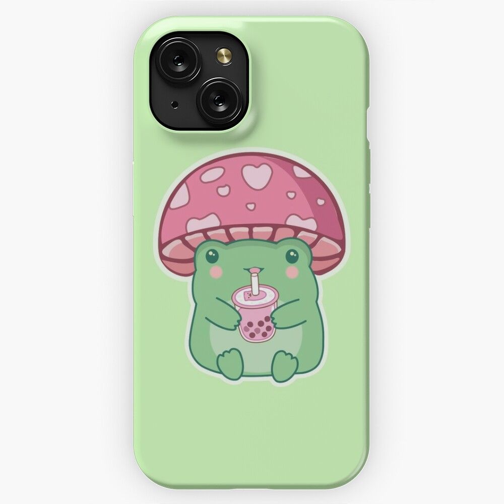 Kawaii Frog Mushroom Hat Drinking Pink Strawberry Boba Tea iPhone 15 Slim Phone Case Cover