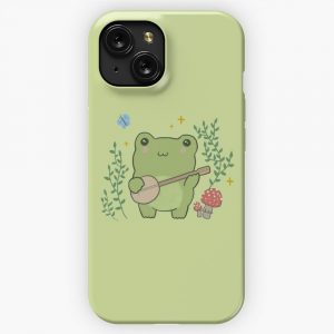 Kawaii Frog Playing Banjo Toad Cottagecore Aesthetic Mushroom And Blue Butterfly iPhone 15 Slim Phone Case Cover