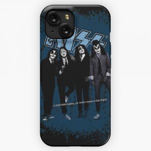 Kiss The Band Blue Background Logo Grunge iPhone 15 Slim Phone Case Cover