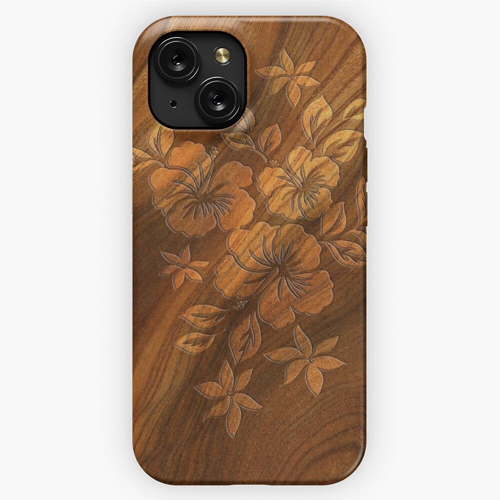 Lilikoi Hibiscus Faux Burl Wood Hawaiian Surfboard iPhone 15 Slim Phone Case Cover