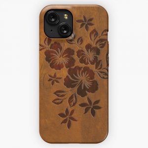 Lilikoi Hibiscus Faux Koa Wood Hawaiian Surfboard iPhone 15 Slim Phone Case Cover