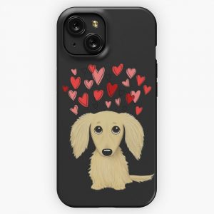 Longhaired Cream Dachshund With Hearts iPhone 15 Slim Phone Case Cover