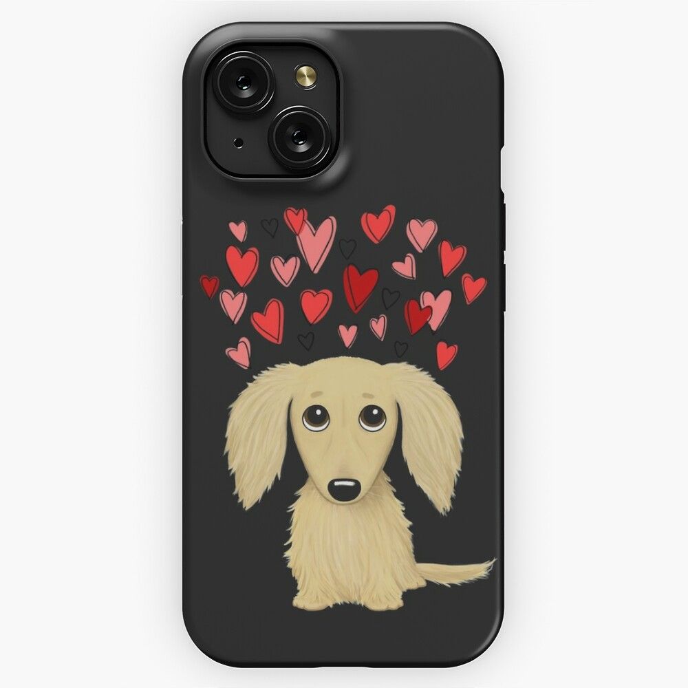 Longhaired Cream Dachshund With Hearts iPhone 15 Slim Phone Case Cover