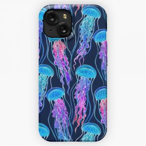 Luminescent Rainbow Jellyfish On Navy Blue iPhone 15 Slim Phone Case Cover