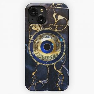 Mati Evil Eye Navy Bluegold Greek Key Gold Patterns iPhone 15 Slim Phone Case Cover