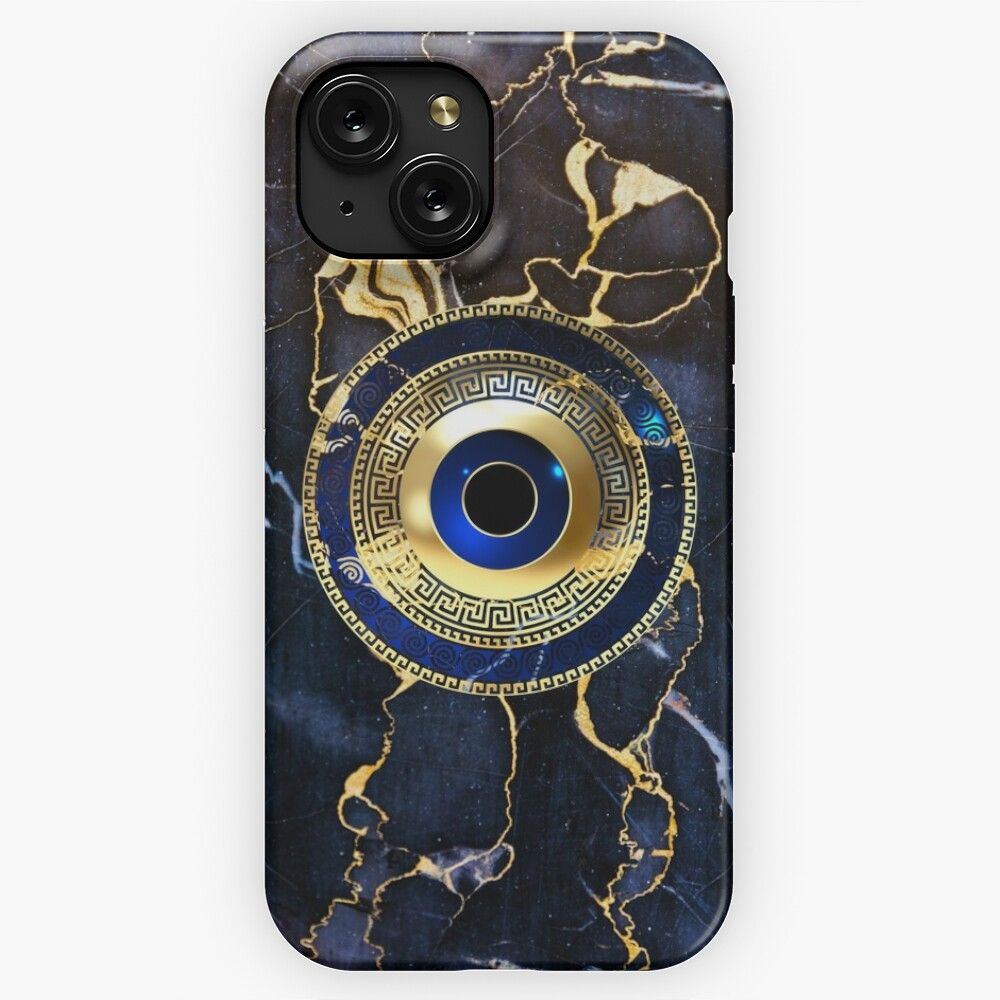 Mati Evil Eye Navy Bluegold Greek Key Gold Patterns iPhone 15 Slim Phone Case Cover