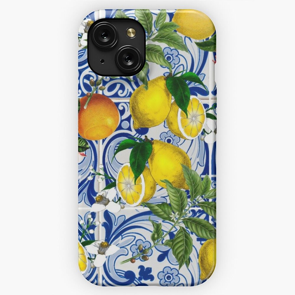 Mediterranean Lemon On Blue Ceramic Tiles iPhone 15 Slim Phone Case Cover
