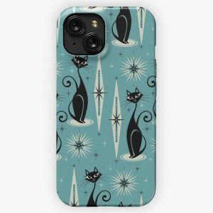 Mid Century Meow On Blue iPhone 15 Slim Phone Case Cover