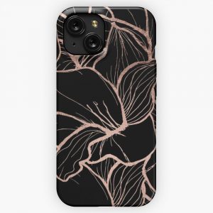 Modern Rose Gold Abstract Handdrawn Floral Pattern On Black iPhone 15 Slim Phone Case Cover