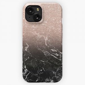 Modern Rose Gold Ombre Black Marble Color Block iPhone 15 Slim Phone Case Cover