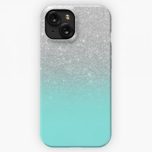 Modern Silver Glitter Ombre Teal Ocean iPhone 15 Slim Phone Case Cover