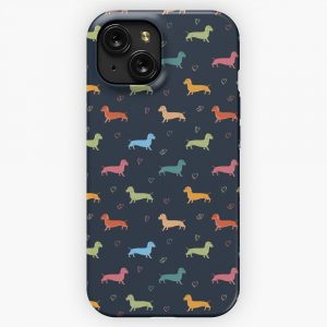 Multicolour Sausage Dog And Hearts Pattern iPhone 15 Slim Phone Case Cover