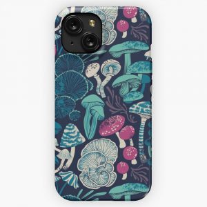 Mystical Fungi Midnight Blue Background Mint Teal And Dark Pink Wild Mushrooms iPhone 15 Slim Phone Case Cover