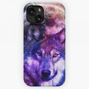 Mystical Night Sky With Enchanting Wolf Face In Front Of The Moon And Galaxy iPhone 15 Slim Phone Case Cover