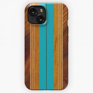 Nalu Mua Hawaiian Faux Koa Wood Surfboard Teal iPhone 15 Slim Phone Case Cover