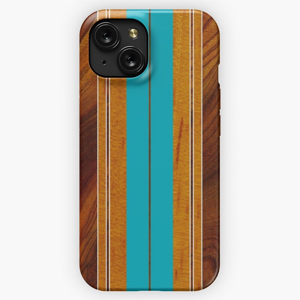 Nalu Mua Hawaiian Faux Koa Wood Surfboard Teal iPhone 15 Slim Phone Case Cover